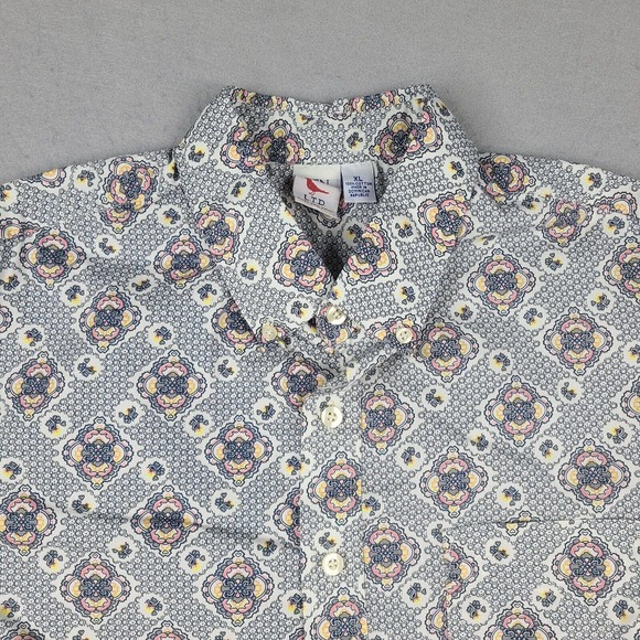 Ken LTD Shirt Men's XL White Blue Geometric Button Down Short Sleeve - Picture 3 of 11
